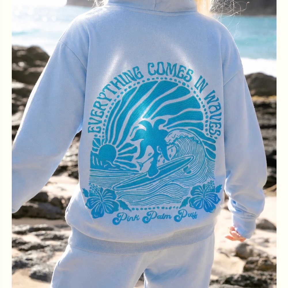 Pink Palm Puff "Everything Comes in Waves” Hoodie in Blue Size Small